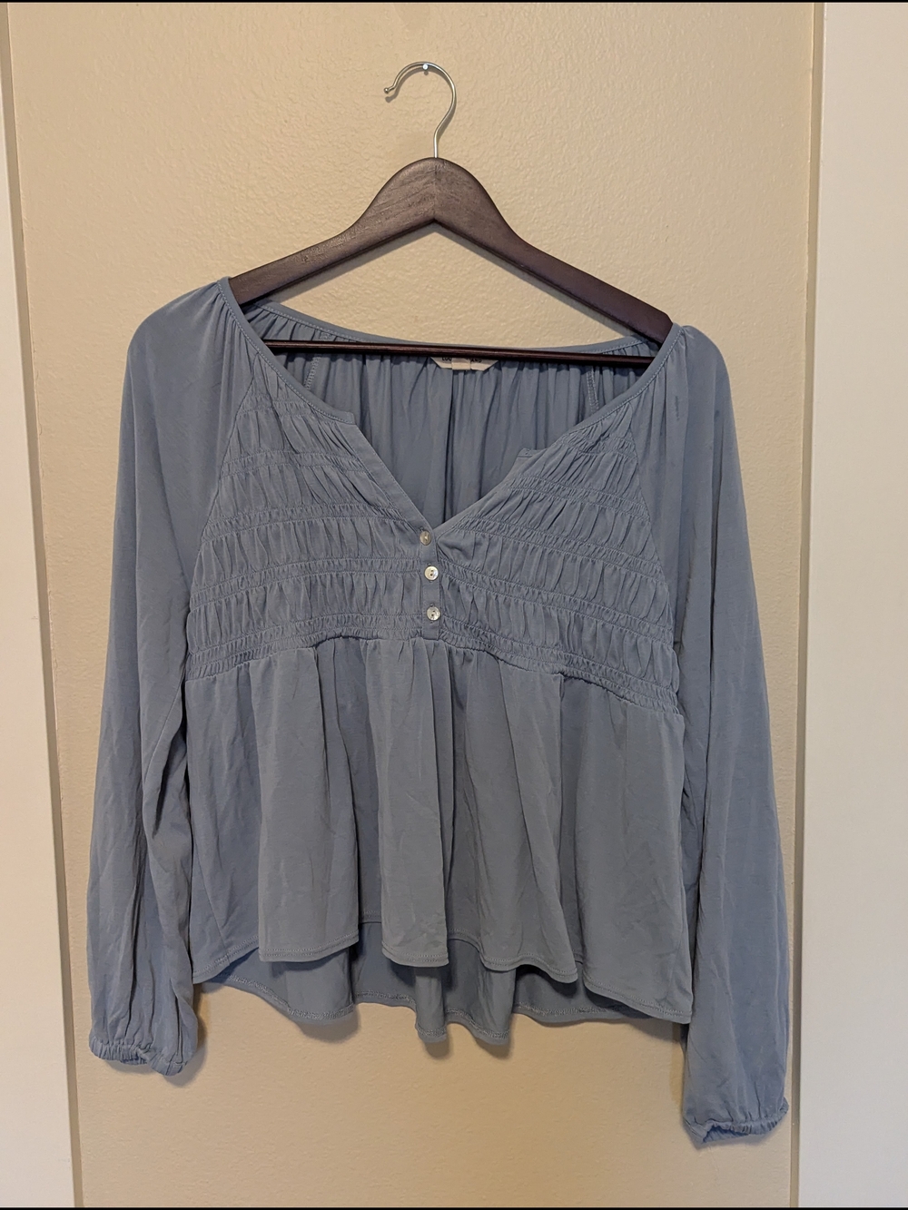 Lucky Brand Women's Dusty Blue Smocked V-Neck Long Sleeve Blouse (Medium)